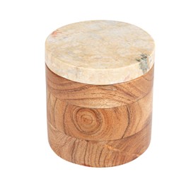 Creative Co-Op Round Acacia Wood Container with Marble Lid, Natural and Yellow Mélanges
