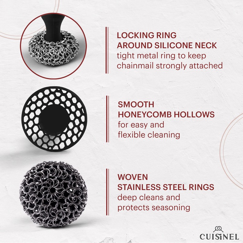 Cuisinel Cast Iron Chainmail Scrubber + Pan Scraper - Ergonomic
