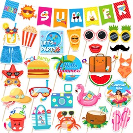 33PCS Summer Pool Beach Photo Booth Props, Summer Party Decorations Include Summer Photo Props Pre-Strung Hello Summer Banner Sticks for Tropical Tiki Hawaiian Party Supplies