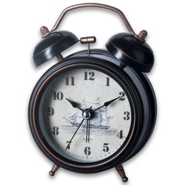 A5 Twin Bell Non-Ticking Silent Bedside Alarm Clock, Retro, Victorian Style, Metal Construction, Ø8cm, Analogue, Extra Loud, with Nightlight, for Bedroom Office Travel Elderly Children Girl (BLACK)