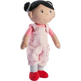 HABA Snug Up Doll Rumbi - 10" Soft Doll with Black Hair and Pink Overalls - Machine Washable for 18 Months and Up