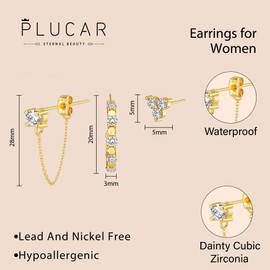 Plucar Cartilage Earring- Gold Hoop Earrings for Women 3 Pairs Womens Earrings Gold Hoops Hypoallergenic Earrings Gold Stud Earrings with Pearl | Chain | Zircon Flat Back Earrings