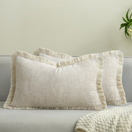 Mayler Yee Throw Pillow Covers 12x20 Inch Set of 2 with Tassel Trim for Farmhouse Living Room, Soft Cotton & Cozy Linen, Fringe Beige Lumbar Pillowcase, Boho Sytle Decorative Home