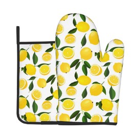 Juego de guantes y soportes para ollas de horno de limón para verano, bonitos guantes de horno resistentes al calor, cítricos, guantes de cocina amarillos, juego de dos piezas para cocinar hornear