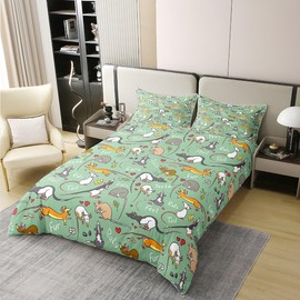 100% Washed Cotton Children's Rat Bed Linen Set, Mouse Rodent Duvet Cover, 135 x 200 cm, Funny Animal Love Heart Comforter Cover for Boys Bedroom, Cartoon Style Quilt Cover, Decorative Room, Green