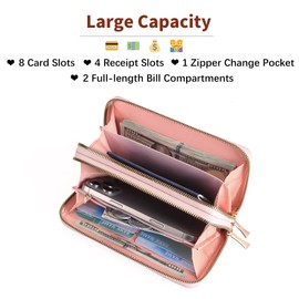 BVEOGMRO Wallet for Women Double Zip Around Clutch Wallets Vegan Leather Large Capacity Card Holder with Wristlet