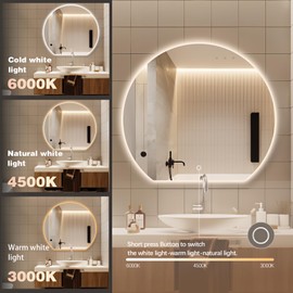 TheiaMo Half Moon LED Bathroom Mirror with Lights, 28" Frameless Backlit Mirror, Anti Fog Irregular LED Mirror with Stepless Dimmable, Semi Circle Lighted Bathroom Mirror for Wall, Explosion Proof