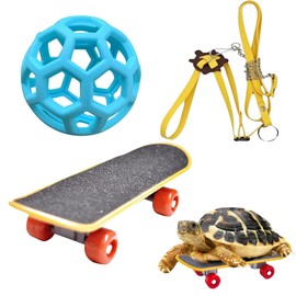 ZKFSIE Tortoise Toys, Tortoise Enrichment Toys with Skateboard and Treat Ball, Interactive Training and Feeding Set for Small Reptile Pets, Includes Blue 9cm Ball and Adjustable Yellow Harness