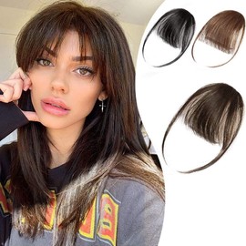 Bangs Hair Clip in Bangs Wispy Bangs Temples Hairpieces for Women Clip on Air Bangs Flat Neat Bangs Hair Extension for Daily Wear (Darkest Brown Mix Dark Auburn)