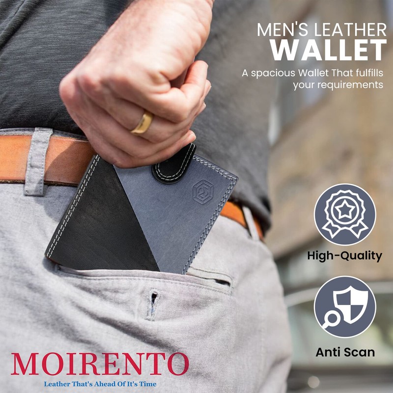MOIRENTO®, Grey Black Wallet, RFID Blocking, Real Leather Mens, with