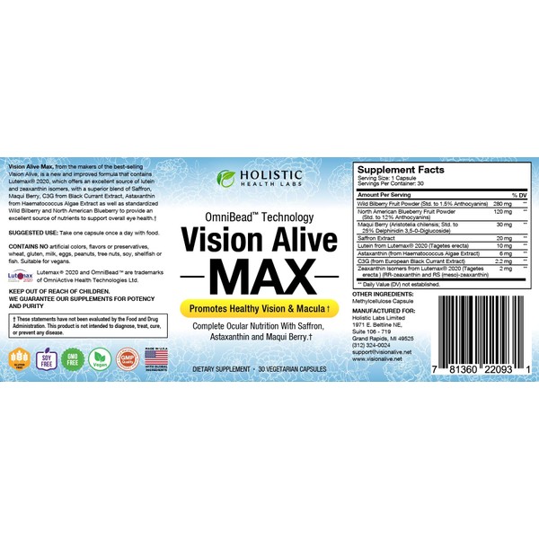 Vision Alive Max with 8 Natural Ingredients Lutemax® 2020, Bilberries, Blueberries, c3g from Black Currant, Maqui Berry, Saffron, and Astaxanthin