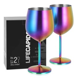 Lifecapido Stainless Steel Wine Glasses Set of 2, 18oz Colorful Stainless Steel Wine Goblets, Stemmed Metal Wine Glasses with Cup Brush for Party Office Wedding Anniversary, Great for Red White Wine