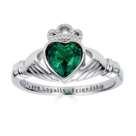 Little Treasures 925 Sterling Silver Love Loyalty Friendship Engraved Claddagh CZ Emerald Ring