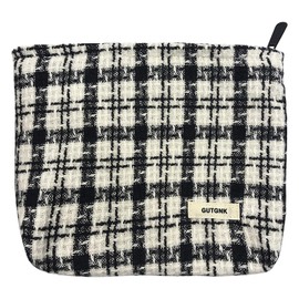 GUTGNK Corduroy Ladies Cosmetic Bag, Large Capacity Canvas Cosmetic Bag Travel Toiletry Bag Accessories Organizer, Black Check
