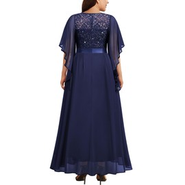 Miusol Women's Plus Size Sequin Lace with Ruffle Cape Cloak Sleeves Elegant Evening Wedding Party Maxi Dress A-Navy Blue