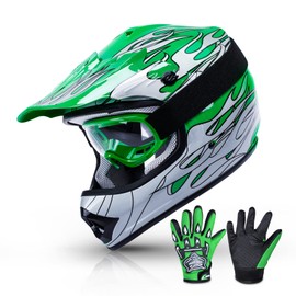 TCMT Dot Youth & Kids Motocross Offroad Street Helmet Green Flame Motorcycle Youth Helmet Dirt Bike Motocross ATV Helmet+Goggles+Gloves L