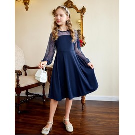 Arshiner Girls Dress with Contrast Mesh Puff Long Sleeve High Waist A-line Short Dress with Pockets for 6-13 Years, navy blue