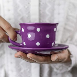 Handmade Purple and White Polka Dot Ceramic 9oz/250ml | Cappuccino, Coffee, Tea Cup and Saucer, Unique Designer Pottery for Tea Lovers by City to Cottage