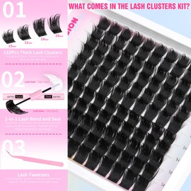 Lash Clusters Kit Volume Clutser Eyelash Extension Kit Thick Eyelash Clusters with Spikes Dramatic 10mm-16mm Long Lash Extension Kit with Lash Bond and Seal 110Pcs DIY Individual Lashes at Home