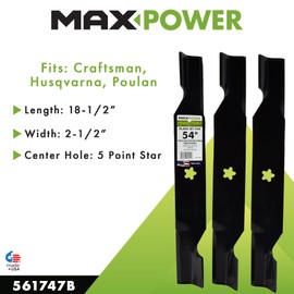 MaxPower 561747B 3 Blade Set for Many 54 in. Cut Craftsman, Husqvarna, Poulan Mowers Replaces OEM #'s 187256 and 532187256