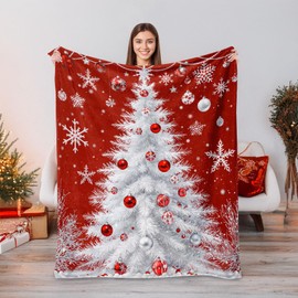 Neasow Red Christmas Throw Blanket, White Christmas Abies Tree and Snowflake Design Soft Fuzzy Cozy Flannel Blanket Gift for Family and Friends Home Sofa Couch Chair Decorative 50x60 Inch
