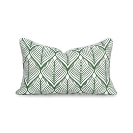 Hofdeco Premium Coastal Patio Indoor Outdoor Lumbar Pillow Cover Only, 12"x20" Water Repellent for Backyard, Couch, Green Print Geometric Leafs