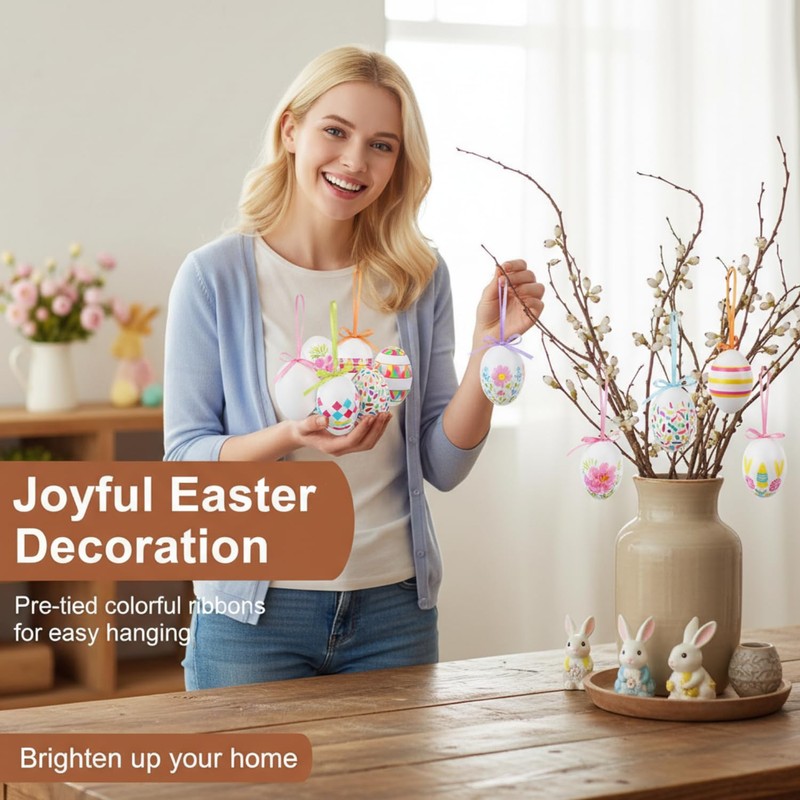12 Pcs White Easter Egg Decorations, Hanging Tree Ornaments,Home Décor