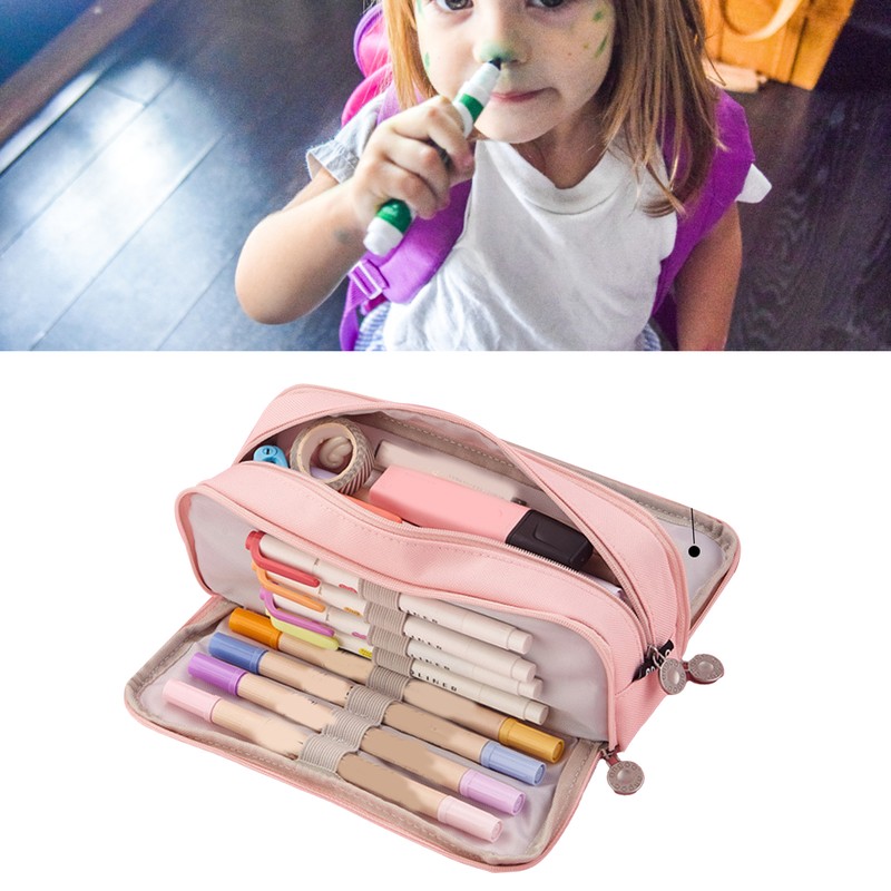 Pencil Pouch With 3 Compartments Large Capacity Double Opening Soft
