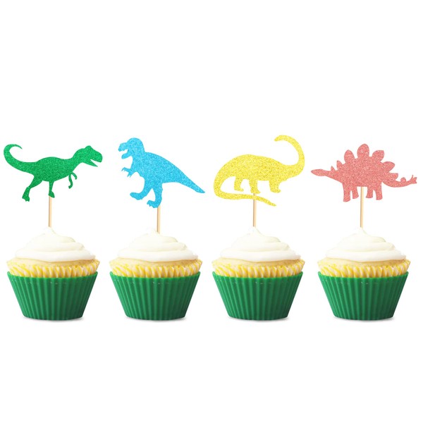 Arthsdite - Juego de 48 palillos de dinosaurio preensamblados con purpurina para cupcakes, diseño de dinosaurio, color dorado y verde