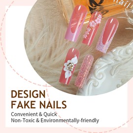 RUOKEXIN Square Press on Nails Long Fake Nails Pink Glitter False Nails with 3D Flower Designs French Tip Nail Press ons Sparkly Acrylic Artificial Nails for Women 24Pcs