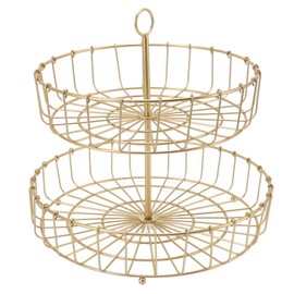 Natudeco 2 Tier Fruit Basket Vegetables Countertop Bowl Storage Iron Round Golden Nordic Household Snack Storage Tray Large Capacity Fruit Tray for Home Kitchen Organizer