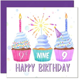 9th Birthday Card for Women Cute Cupcake Birthday Card for 9 Year old Daughter Girl Kids Nine, Ninth Granddaughter Niece Sister cousin