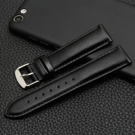 Strapseeker Jaxon Top Grain Calf Leather Strap Silver Buckle- Premium Watchband Replacement for Men & Women- Classic Wristwatch Band Black Leather with Black Thread, 18mm