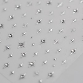 1 Sheet Silver Star Nail Decals with Rhinestone Design, 5D Embossed Self-Adhesive Nail Stickers, Irregular Star Nail Art Decals for Women DIY Manicure Design Supplies for Acrylic Nail Decoration