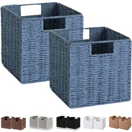 Vagusicc Wicker Storage Basket, Set of 2 Hand-Woven Storage Baskets for Shelves with Handles, Foldable Cube Storage Bins Organizer, Blue 13x13 Inch Large Wicker Baskets for Pantry Bedroom Decor, Blue