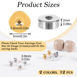 Hzopcw 12pcs Stainless Steel Earring Backs, 5mm Round Flat Screw on Ear Ring Backs for Studs, 1mm Hypoallergenic Earring Backings Replacement for Women & Men- Gold & Silver