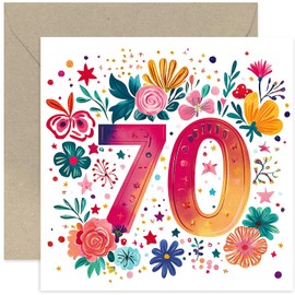 Special 70th Birthday Card for Woman - Beautiful and Joyful Floral Artwork for Her - Adult Milestone Age Colourful Design for Daughter, Granddaughter, Niece - Blank Design with Envelope