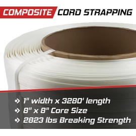 Mytee Products 1”x3280’ Composite Cord Strapping Roll 8”x8” Core Size - 3000 lbs Breaking Strength - White High Tenacity Poly Cord Strapping for Lashing & Shipping - Cart Packaging Straps