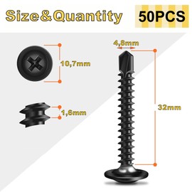 Wavanta 50Pcs Self Tapping Screws, M4.8 x 32mm Wafer Head Self Drilling Screws for Metal, Stainless Steel Self Tapping Screw, Black Oxide, Tek Screw with Screwdriver Bit