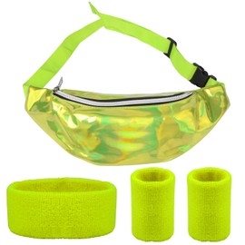 Women's Green PU Bum Bag Waterproof Waist Bag Adjustable Shoulder Bags with Fluorescent Colour Bracelets and Headband for 80s 90s Costume Party Carnival etc., Green