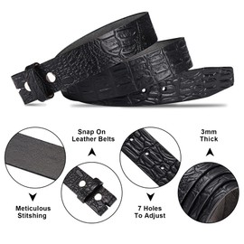 HJones Men's Replacement Belt No Buckle Belt Strap, Men's Leather Belt with Silver Snap On Belt Without Buckle 1 1/2 Inch Wide (Black Crocodile, 38 Inches)
