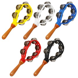 Boao 5 Pack 12 Inch Tambourine for Adults Double Row Metal Jingles Hand Held Tambourine Plastic Wooden Hand Percussion Instrument Musical Bells for Holiday School Party Church Concerts