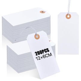 Supkiir 200Pcs 120x60mm White Paper Tags with String, Reinforced Hole Writable Gift Tags, Clothing Price Tag for Labeling Wedding Birthday Christmas Art Craft Inventory Packing