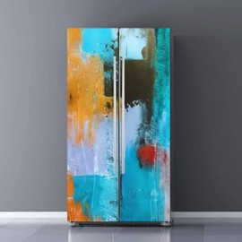 Self Adhesive Vinyl Refrigerator Wrap Set Abstract Colorful Oil Painting Canvas Texture Hand Drawn Brush Stroke Door Mural Sticker Removable Fridge Sticker Cover Peel and Stick Kitchen Decor
