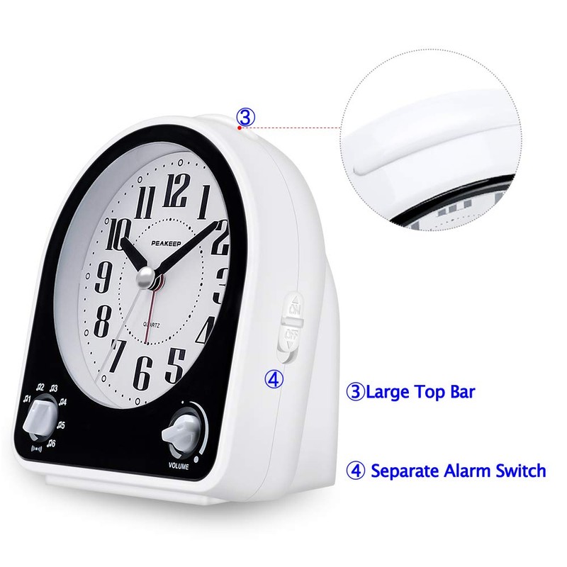 Peakeep Analog Alarm Clock Non-Ticking Silent, Optional 7 Wake-up Sounds