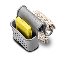 Madesmart Over-The-Sink Towel and Sponge Saddle with Ventilation Holes, Dish Cloth and Sponge Holder Sink Caddy for Divided Sinks, Silver