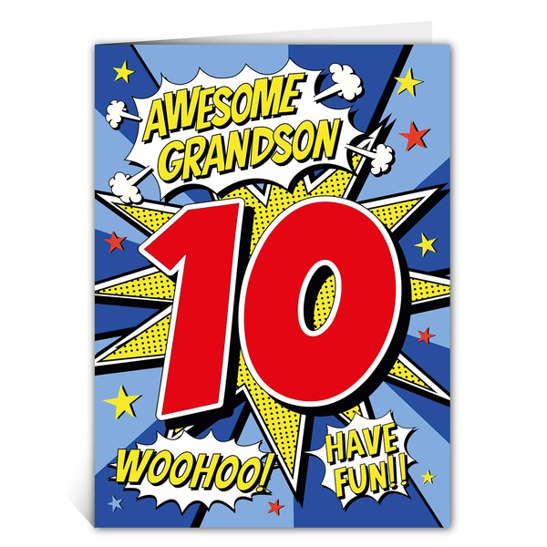 Age 10 Grandson Birthday Card | Grandson Birthday Card for 10-Year-Old | Comic Book Pop Art Superhero Design | Made in the UK