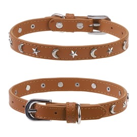 DILLYBUD Leather Dog Collar for Puppy Small Medium Dogs, Adjustable Star Moon Rivet Studded Pet Collars with Rust-Proof Metal Buckle and Charms, XS S Dog Collars for Boy and Girls, Size 8-11" Brown