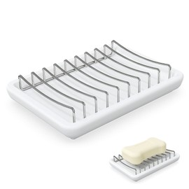 Linkidea Double Layer Ceramic Soap Dish, Stainless Steel Self Draining Soap Tray Holder, Soap Sponge Box for Bathroom Shower