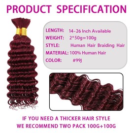 ZHAOXI WIG 99J Burgundy Human Braiding Hair for Boho Deep Wave Human Hair for Braiding 2 Bundles/Pack No Weft Curly Human Hair Extensions for Braids (16 inch,100g)